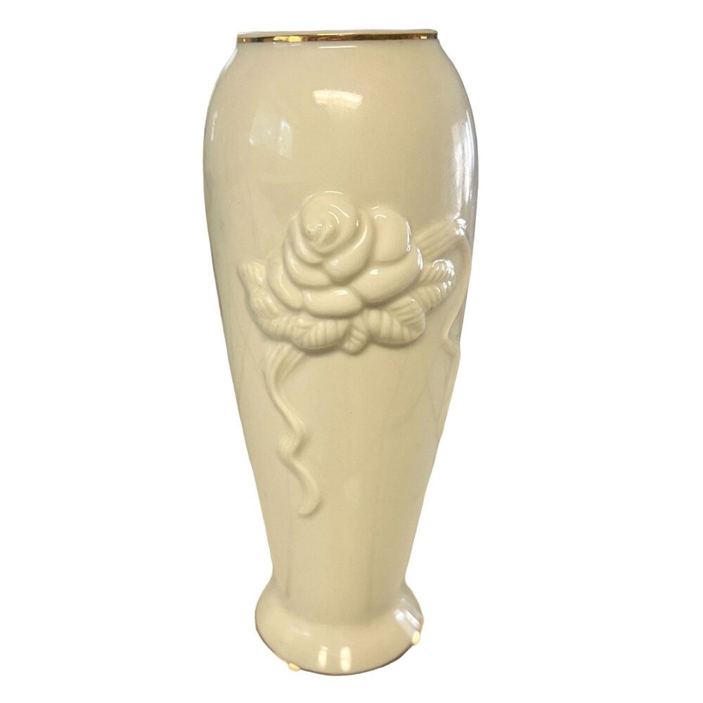 Vintage Lenox Bud Vase Embossed Rose Ivory Porcelain Gold Trim 7-1/4"
